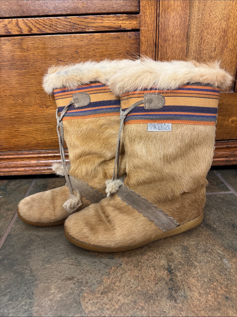 Tecnica Faux-Fur Trim Tan and Blue Striped Girls' Boots